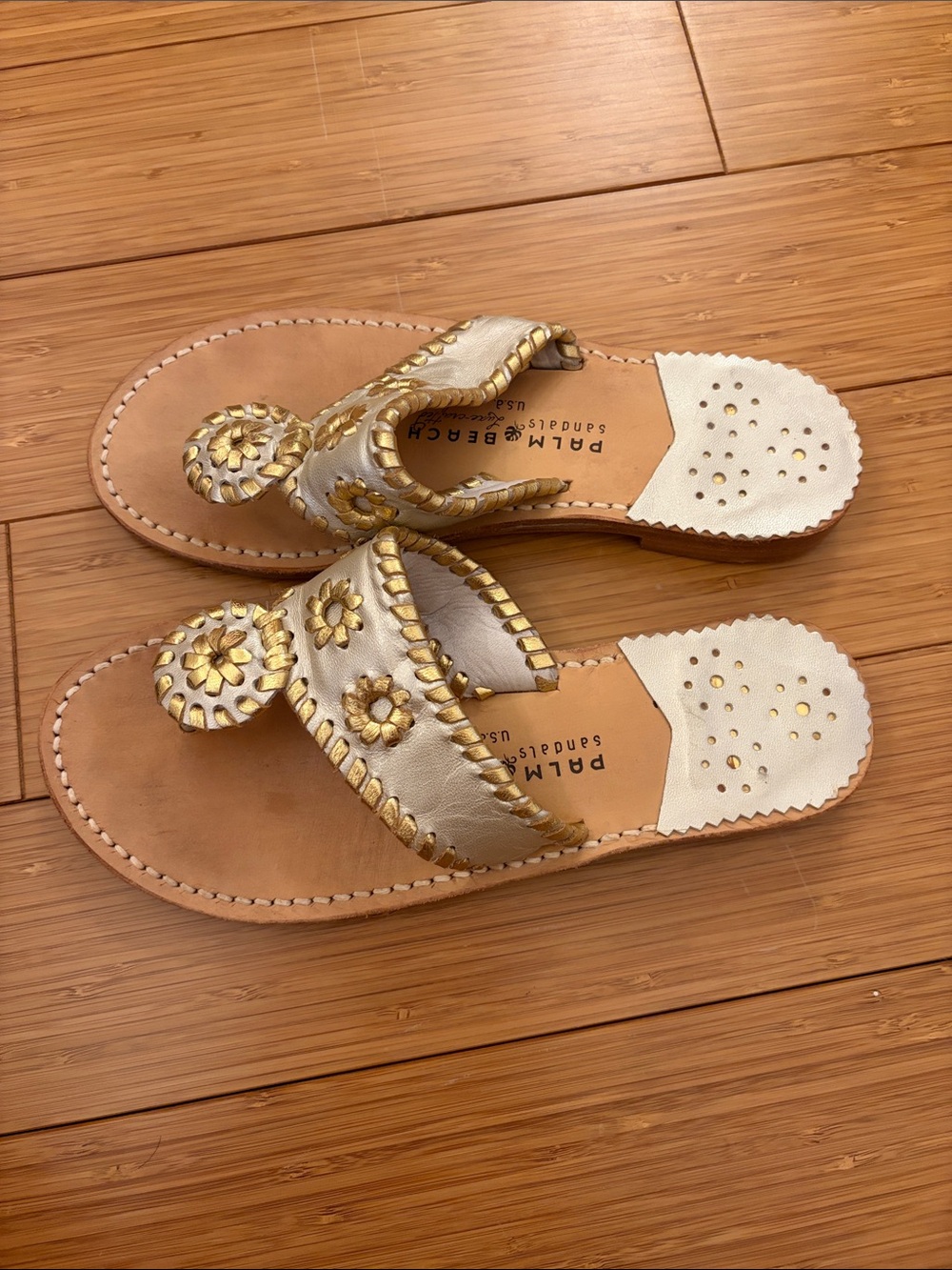 Palm Beach Sandals Metallic Gold Leather Thong Sandals with Floral Studs